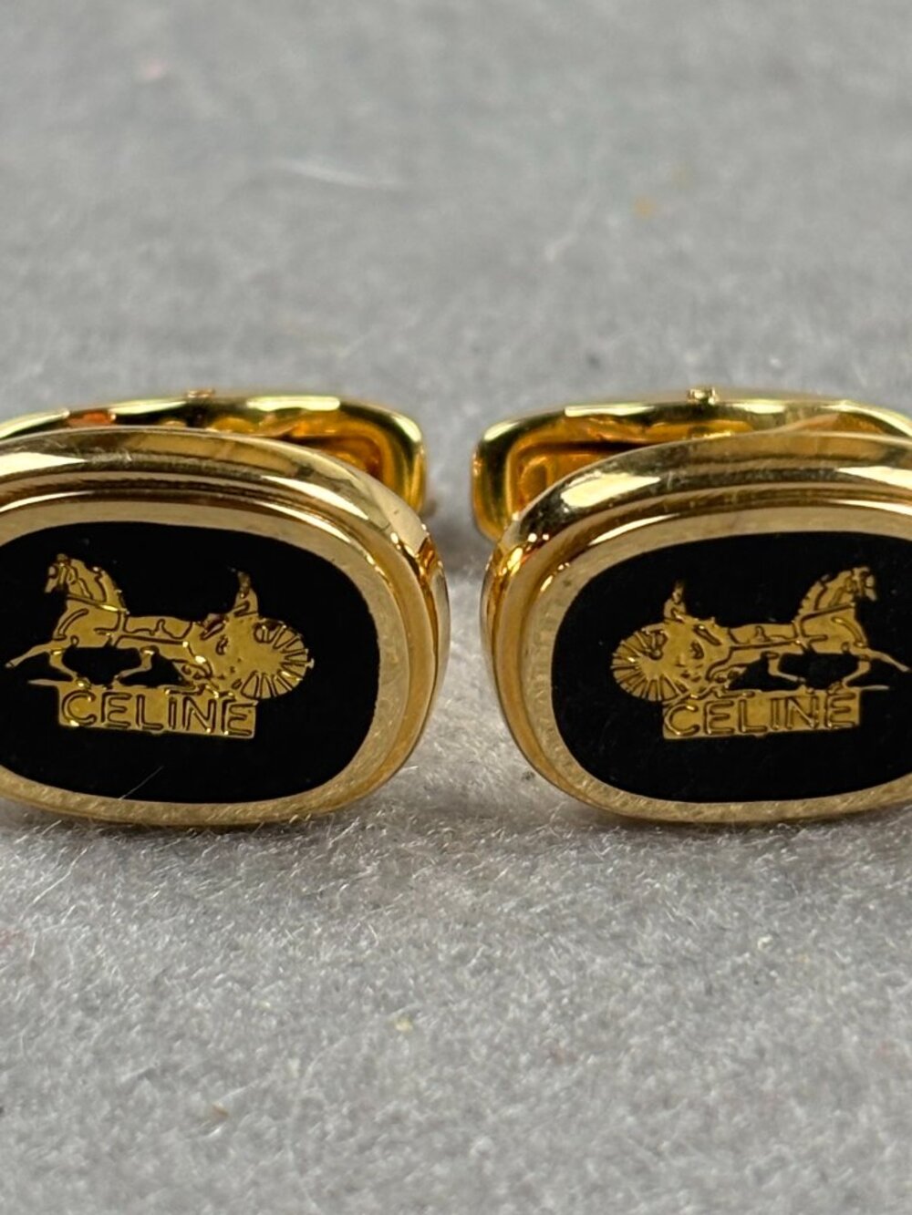 Vintage Celine Paris Sulky Horse Carriage Black Gold Cufflinks